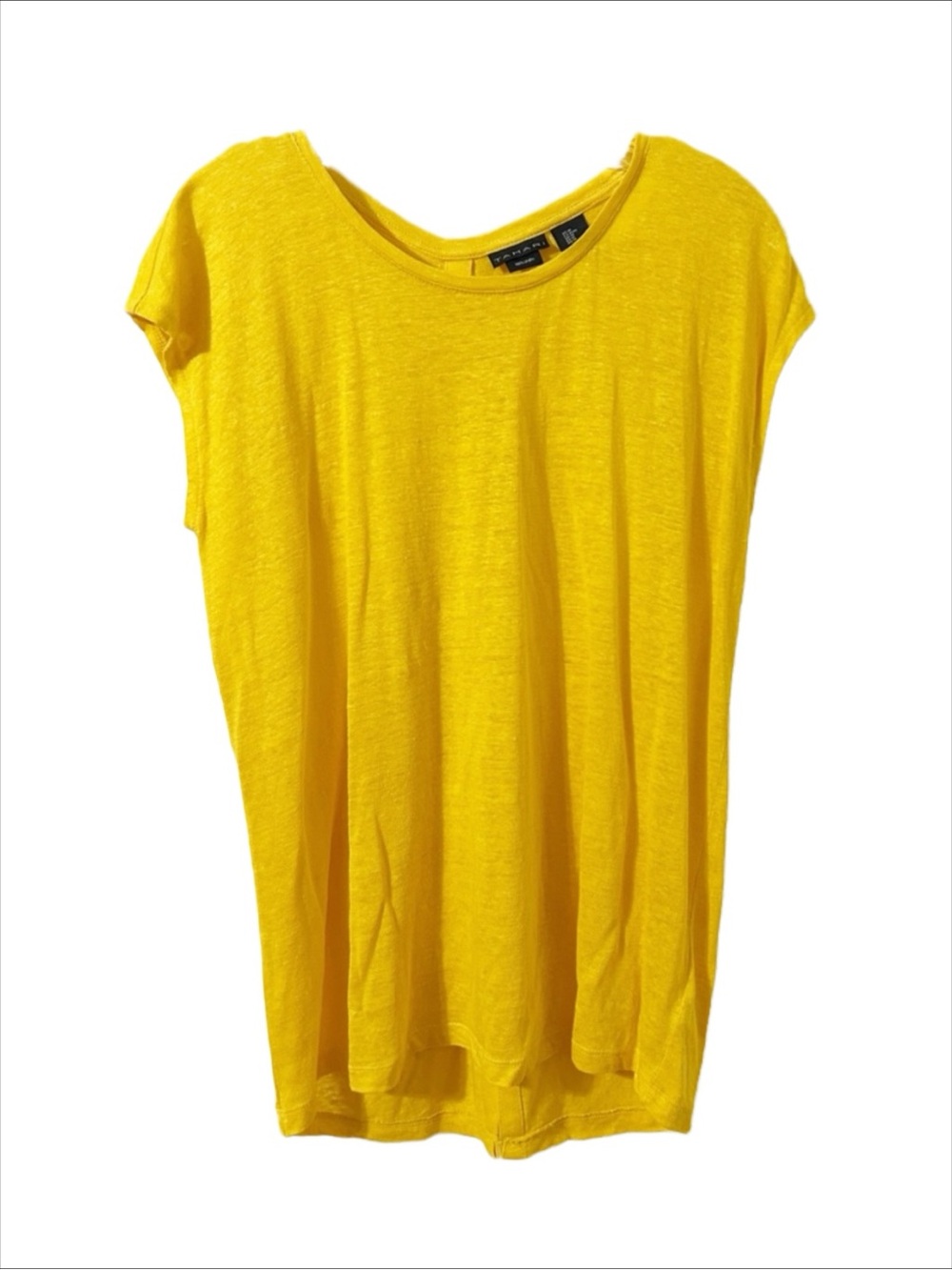 Tahari Pure Linen Cowl Sleeve Rounded Neckline Button Back Yellow Blouse 💛